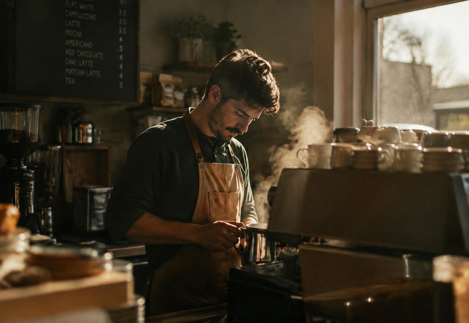 Independent coffee shop counter with espresso being prepared